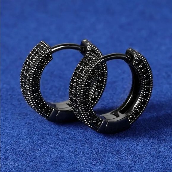 Mens 2ct Black Diamond Round Hoop Earrings Guys Rhodium Silver Jewelry Studs ct - Picture 1 of 9